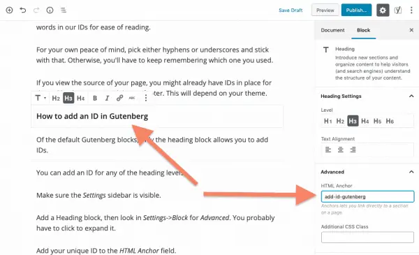 screenshot showing clicking h3 tag and adding id in sidebar