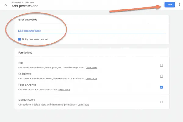 Google Analytics screenshot showing where to enter email address