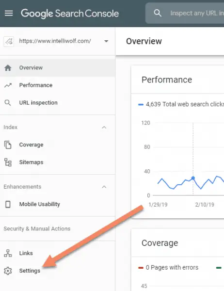 Google Search Console screenshot showing where settings is located