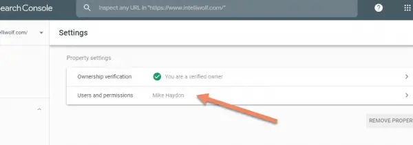 Google Search Console screenshot showing Users and permissions