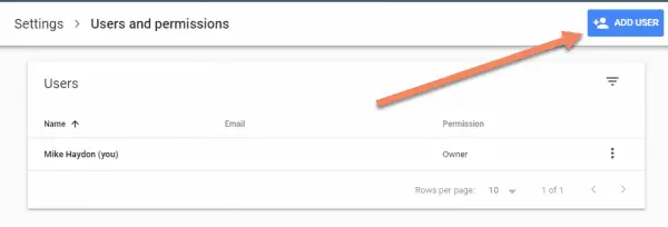 Google Search Console screenshot showing Add User button