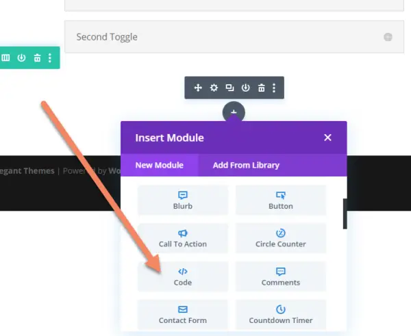 Inserting a module on the Divi frontend builder with an arrow pointing to the Code module