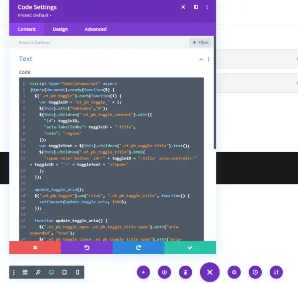 The Divi frontend builder with a Code module open. In the code area is the code from this page.
