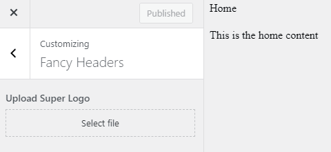WordPress Theme Customizer Fancy Headers section with upload super logo control