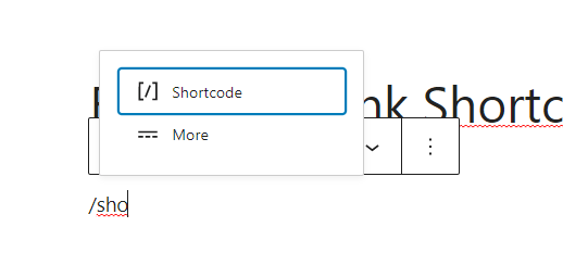 screenshot of adding a shortcode block to Gutenberg editor