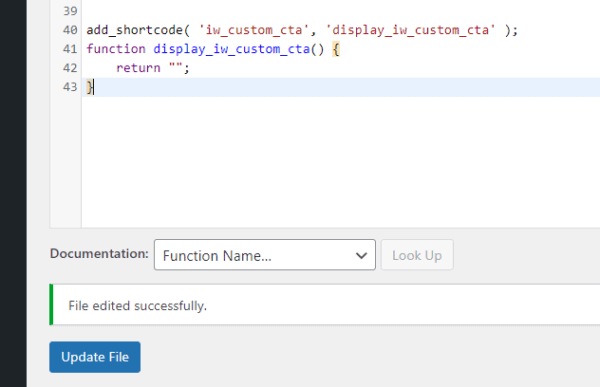 WordPress theme editor with the code added and the file successfully added