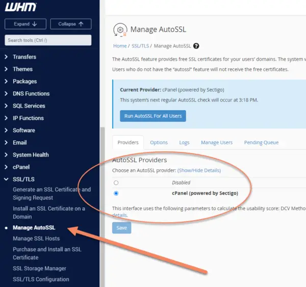 Arrow pointing to Manage AutoSSL and Disabled and cPanel AutoSSL providers circled