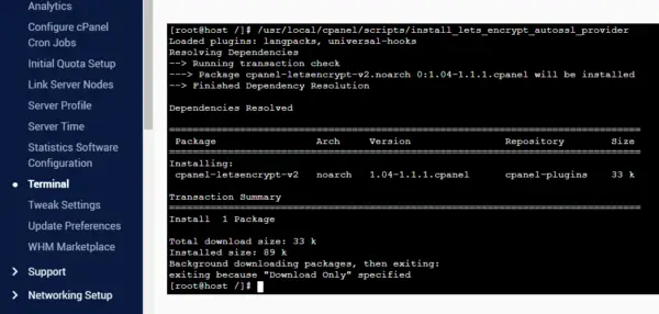 WHM Terminal showing Let's Encrypt AutoSSL installed