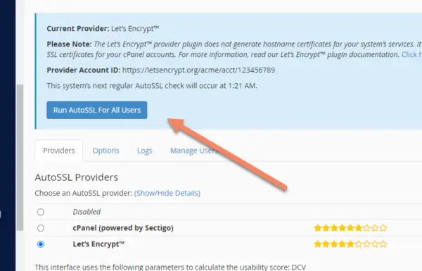 Arrow pointing to Run AutoSSL For All Users button