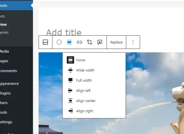 Adding an image to the WordPress block editor with none set as the alignment