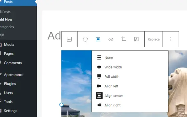 Adding an image to the WordPress block editor with align center automatically set