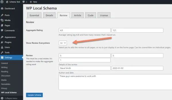 Review tab of WP Local Schema plugin with arrow pointing to show review everywhere option