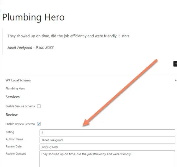 Arrow pointing to the review schema settings in the page level meta box