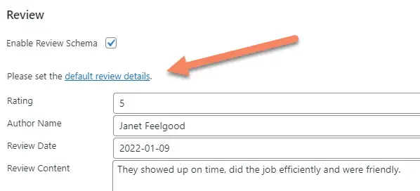 Arrow pointing to please set the default review details on the page level review schema