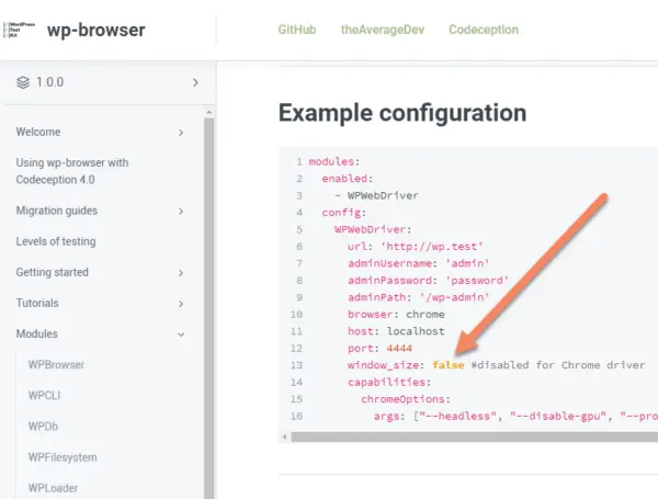 WP browser example configuration with arrow pointing to window_size false